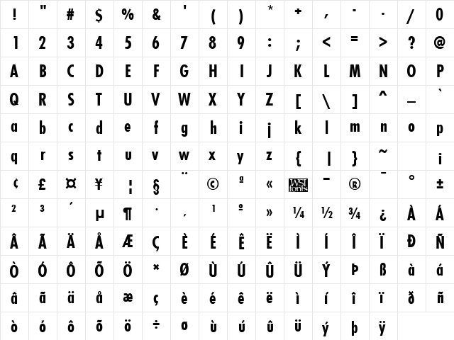 FuturistCondensed Bold  glyph index