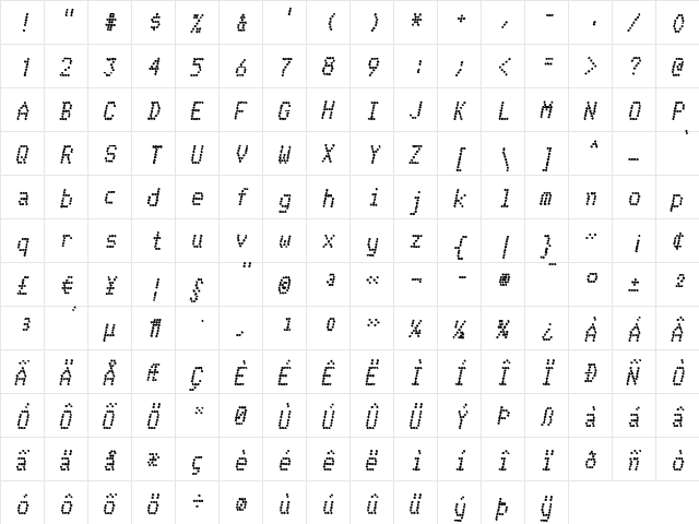 Telidon Ink Bold Italic  glyph index