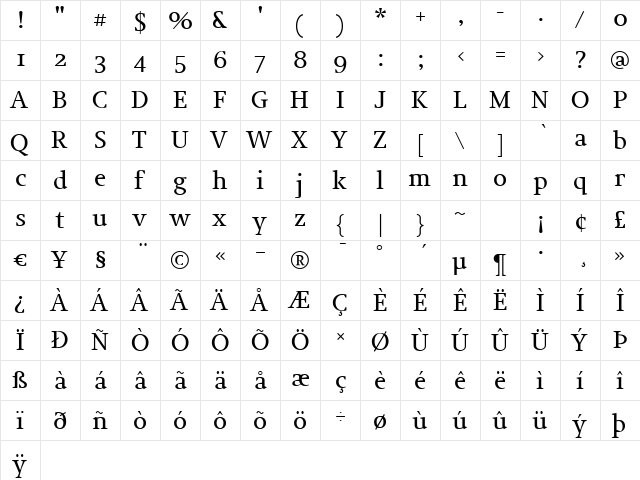 JudeMedium Regular  glyph index