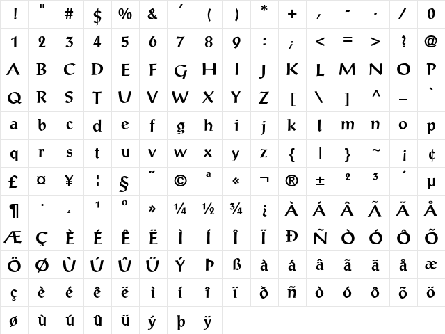 ProseAntique Bold  glyph index