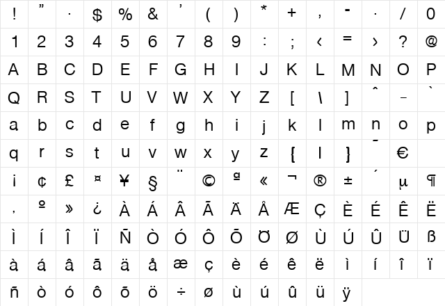 Olympia-Medium Regular  glyph index