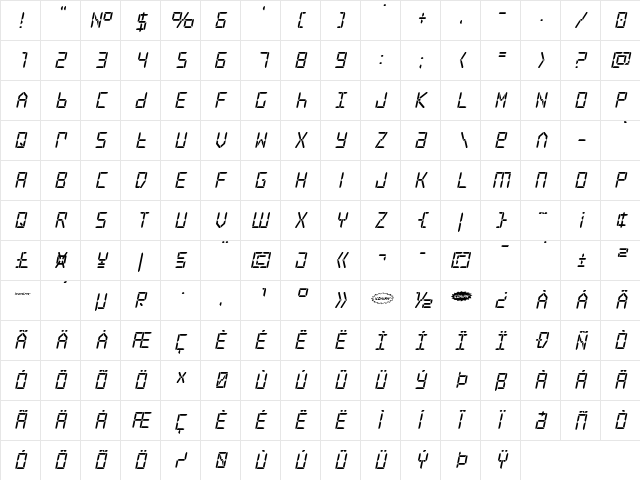Frozen Crystal Italic Italic  glyph index