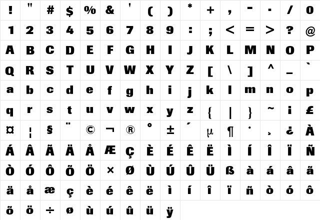 Berthold Imago BQ Regular  glyph index