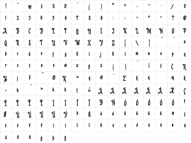 LHF Californian Bold Regular  glyph index