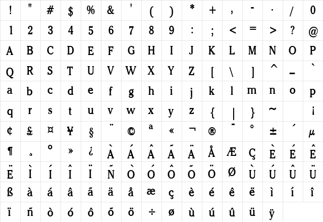 Chelsey Condensed Bold  glyph index