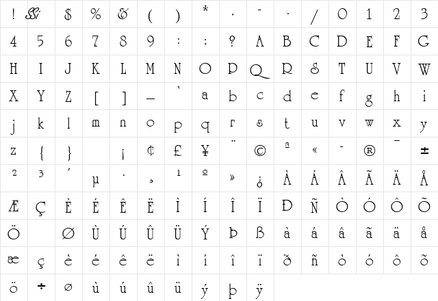 AcademiaSSK Regular  glyph index