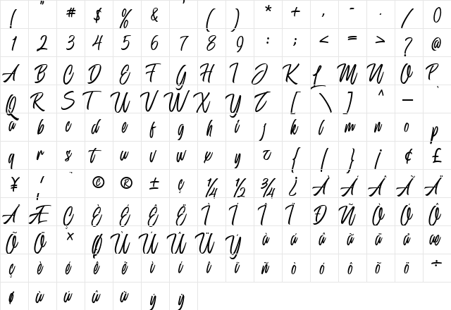 Delphine Regular Regular  glyph index