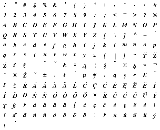 Times CE Bold Italic  glyph index