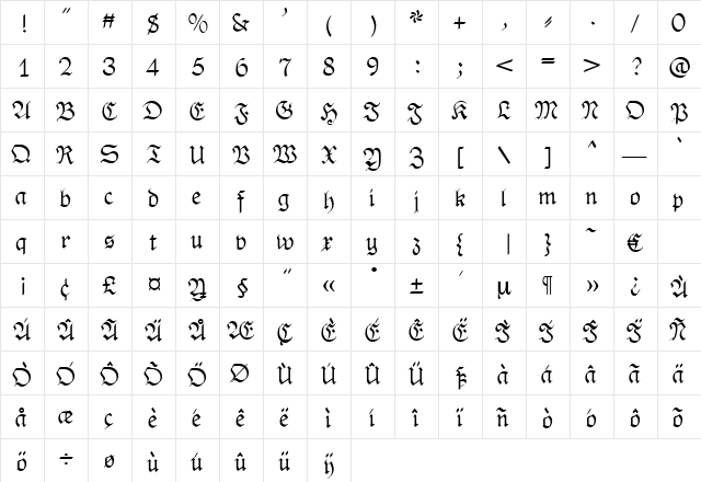 Rheingold Regular  glyph index