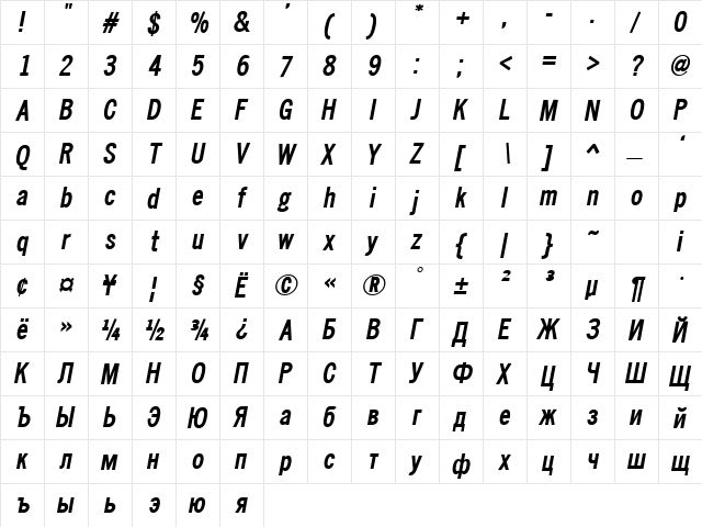 NewsCondensed Bold Oblique  glyph index