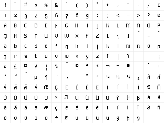 Tekno ICG Regular  glyph index
