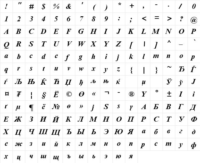 Times New Roman Mon Bold Italic  glyph index