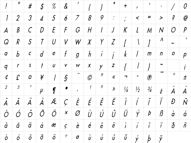Fusi-Condensed Italic  glyph index