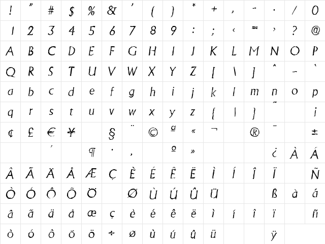 JacobBeckerAntique-Light Italic  glyph index