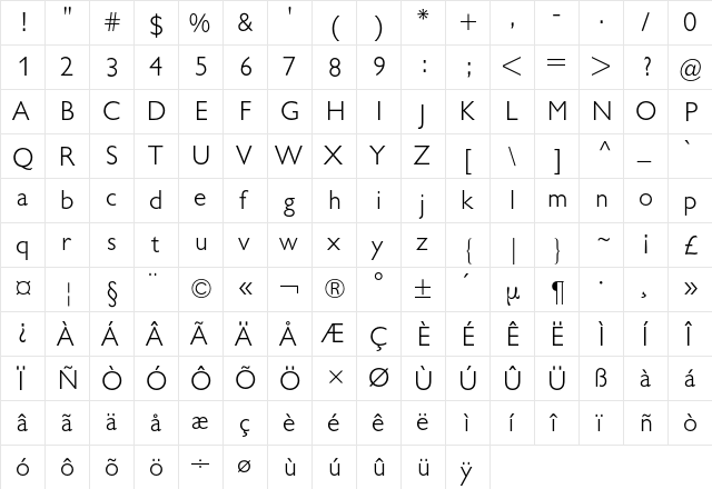 Gill Sans BQ Regular  glyph index