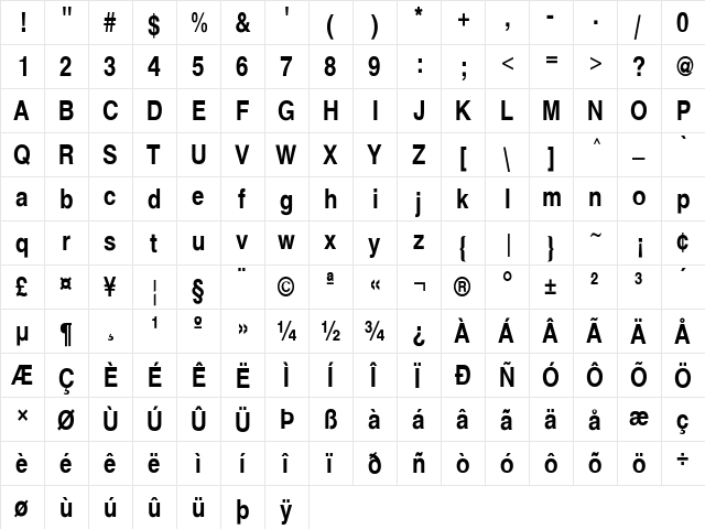 HelveticaCnd-Bold Regular  glyph index