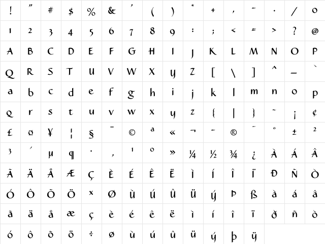 Caterina Bold Regular  glyph index