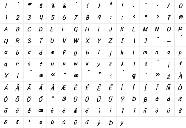 SF Cartoonist Hand Bold Italic  glyph index