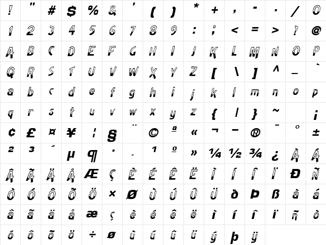 HalfBakedSSK Italic  glyph index