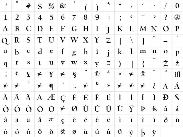 Village Regular  glyph index