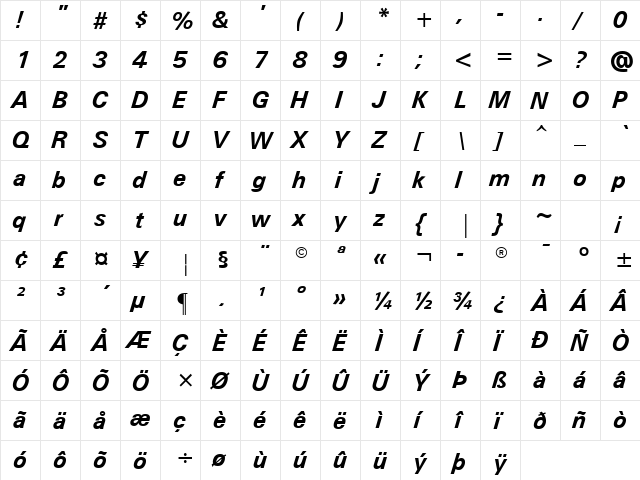 Black Dog 13 Bold Italic  glyph index