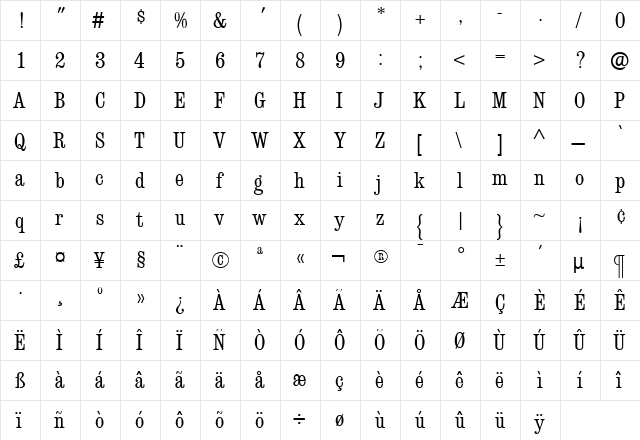 ConsortLightCondensed Regular  glyph index