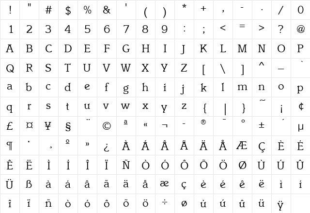Italia Book  glyph index