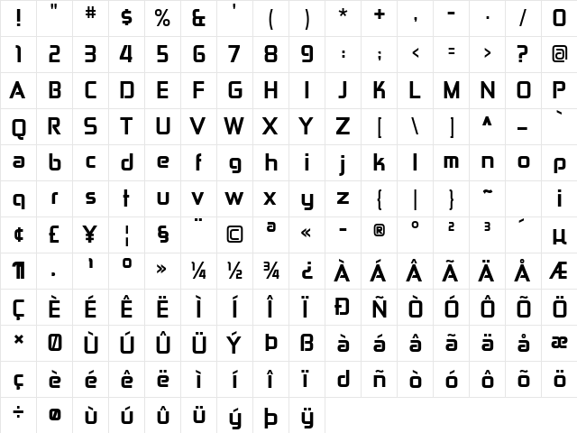 Zekton Hv Regular  glyph index