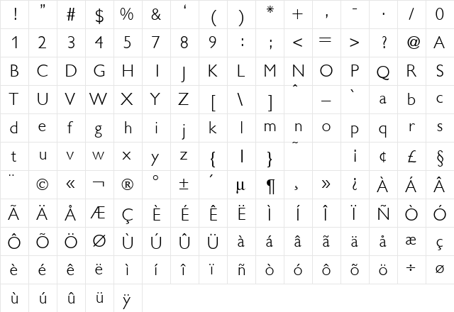 GillionLightDB Normal  glyph index