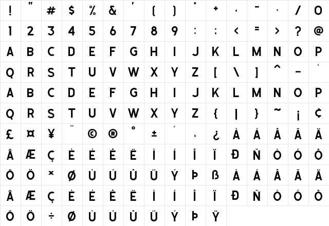 Caligor Sans Clean  glyph index