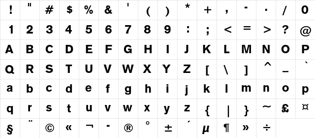 Gothic725BlackC BT Regular  glyph index