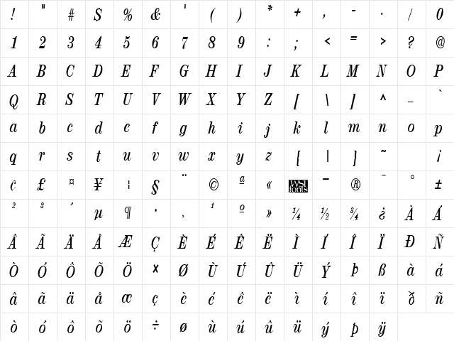 RubyScriptNarrow Bold  glyph index