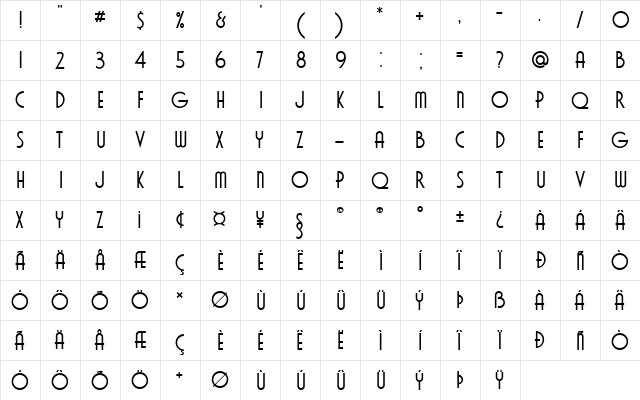 Cavalier Regular  glyph index