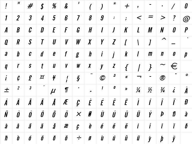 EngGothic Italic  glyph index