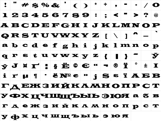 Latin Regular  glyph index