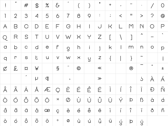 Quostige Regular  glyph index