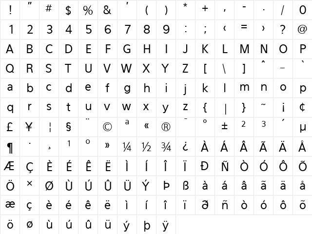 Eau Sans Book Lining  glyph index