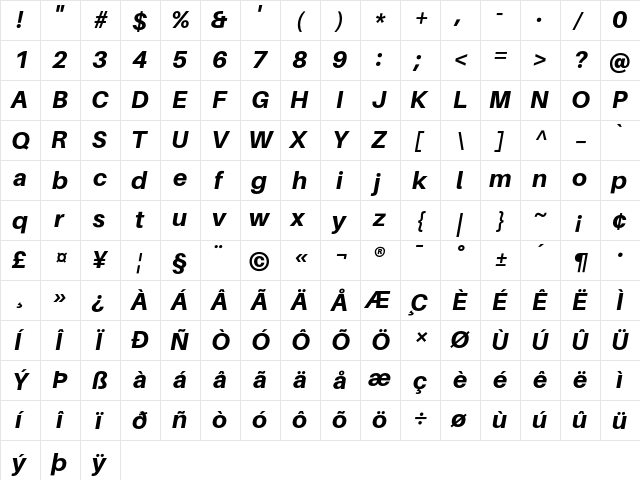 Aileron Heavy Italic  glyph index