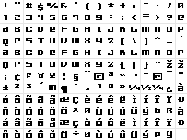 FFF Games Bold Extended Regular  glyph index