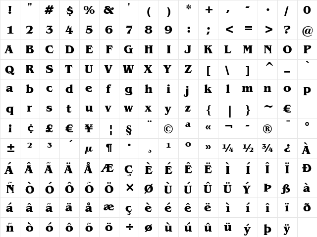 Benguiat Bk BT Bold  glyph index