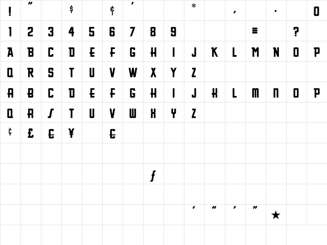 GreasySpoonMenu Regular  glyph index