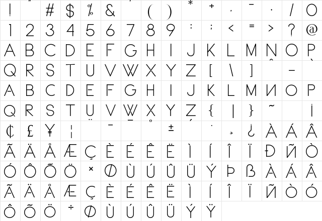 Axilia Regular  glyph index