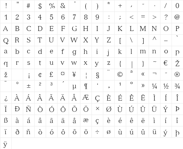 Versailles LT Light Regular  glyph index