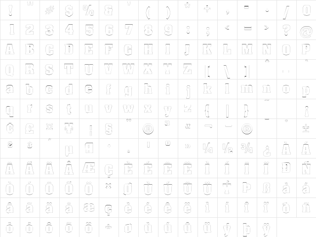 BillboardOutline Regular  glyph index