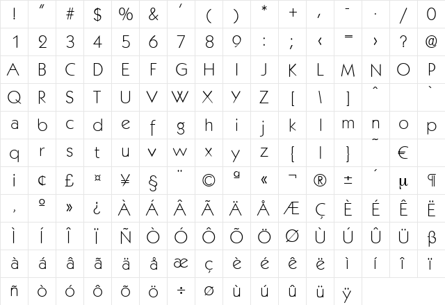 Koblenz-Xlight Regular  glyph index