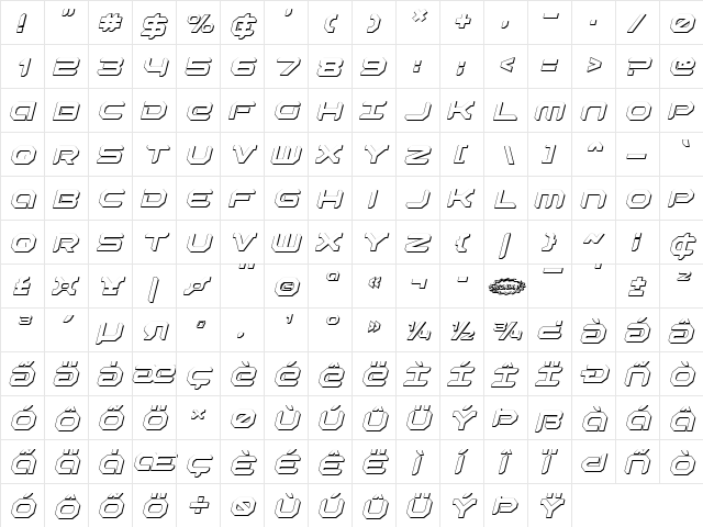 Robotaur 3D Italic Italic  glyph index