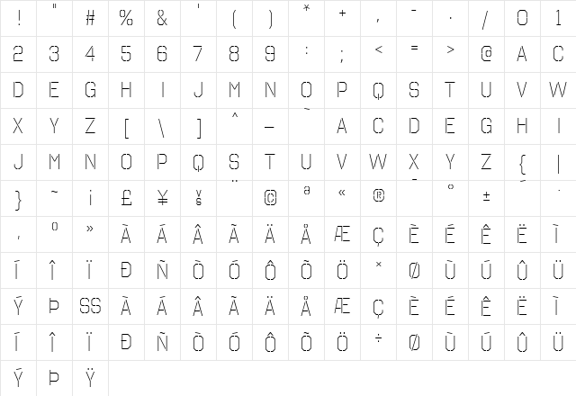 Octin Stencil Light  glyph index
