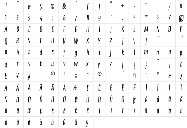 Newberlin Regular  glyph index