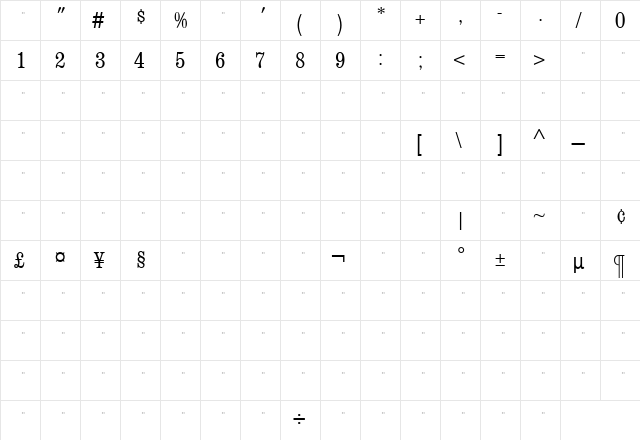 ConsortLightCondensedTab Regular  glyph index