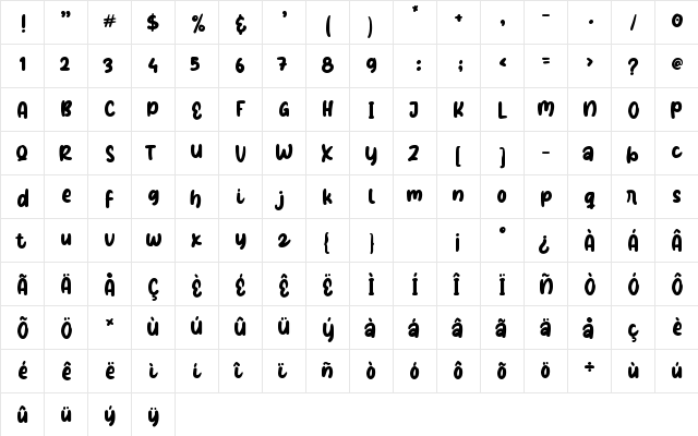 Valeerie Morrie Regular  glyph index